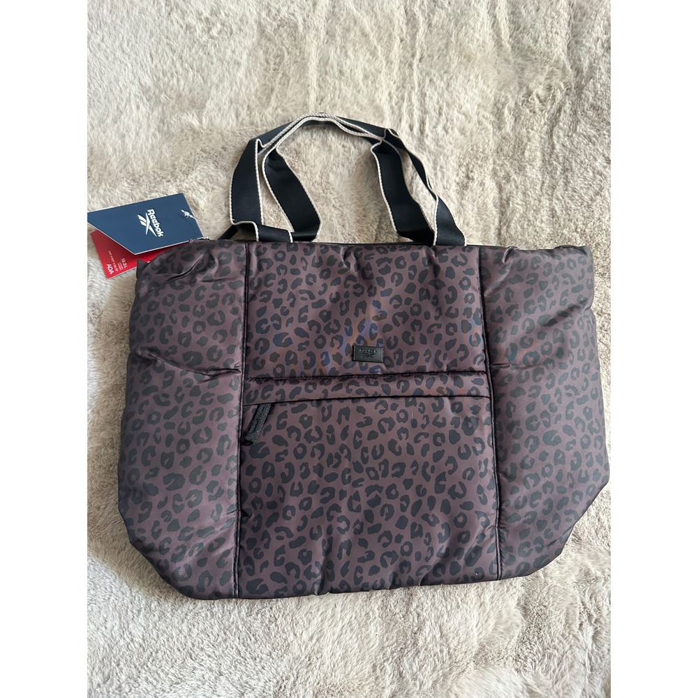 Reebok Ada Puffer Tote Bag Leopard Print Brown Black 19.3L Travel Gym NWT